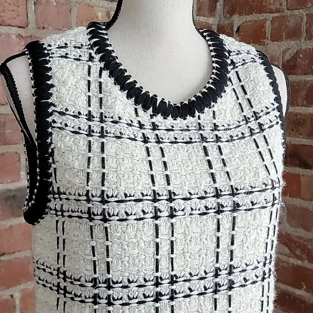 Tory‎ Burch Black Ivory Sleeveless Tweed Midi Dress Medium